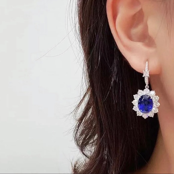 Oval Blue Cubic Zirconia Drop Hook Earrings - Picture 4 of 4